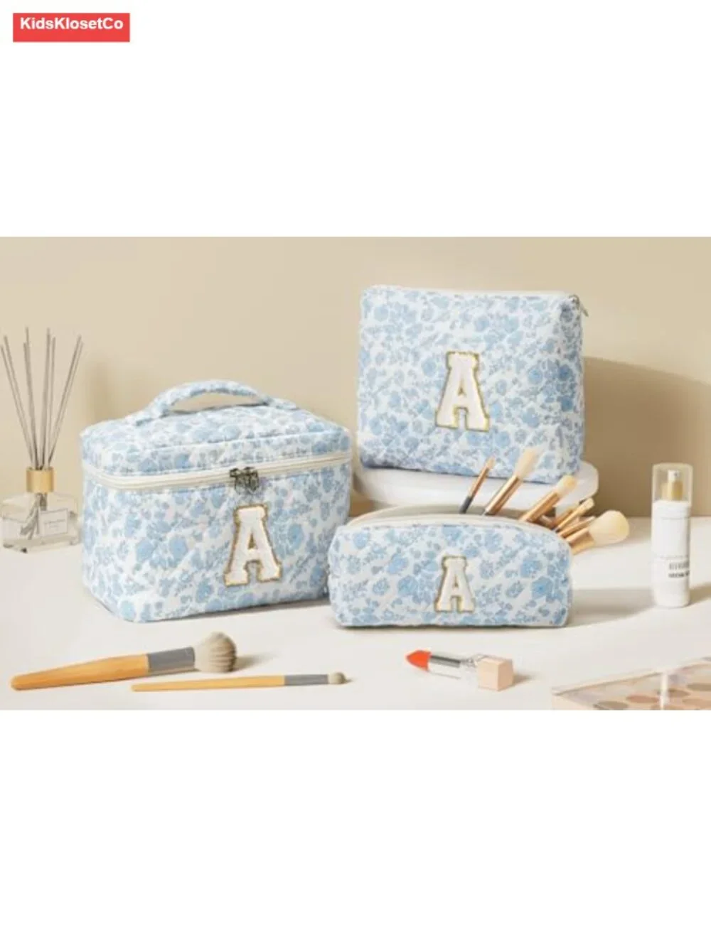Personalized Initial Quilted Makeup Bag Set, Floral Cosmetic Toiletry Travel